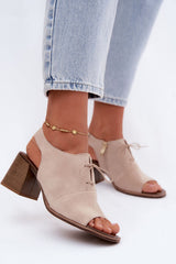 Suede Leather Heel Sandals with Decorative Lacing and Zip Closure