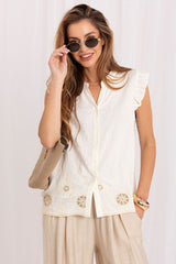 Ruffle Sleeve Viscose Shirt with Openwork Embroidery