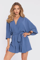 Crepe Wrap Romper Shorts with Kimono Sleeves