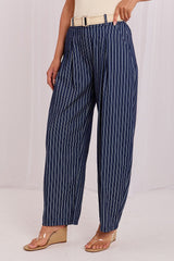 Women's Striped Carrot Trousers with Detachable Belt