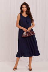 Cotton Linen Midi Dress with Fringe Neckline