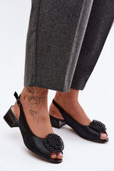Diamond-Embellished Leather Block Heel Sandals