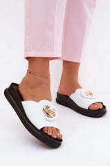 Leather Wedge Sandals with Decorative Front Detail– White