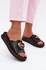 Leather Wedge Sandals with Decorative Front Detail – Black