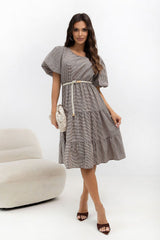 Plaid Flared Summer Dress with Puffy Sleeves and Ruffle Hem