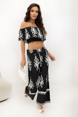 Boho Viscose Blouse & Pants Set – Spanish Neckline with Ruffled Details