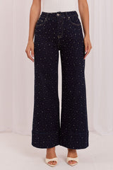 High-Waist Wide Leg Jeans with Decorative Jet Details