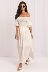 Romantic Flared Cotton Midi Dress with Embroidery and Puff Sleeves