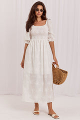Embroidered Cotton Flared Midi Dress with 3/4 Puffy Sleeves