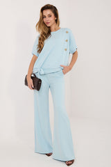 Short Sleeve Decorative Buttoned Blouse & Pants Set