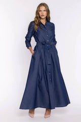 Denim Maxi Shirt Dress with Tie Belt