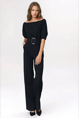 Elegant Black Cold-Shoulder Jumpsuit with Buckle Belt