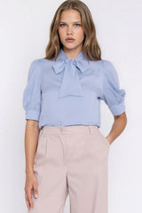 Elegant V-Neck Viscose Blouse with Puff Sleeves