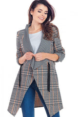Adjustable Plaid Jacket with Waist Tie