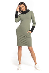 Turtleneck Sweatshirt Dress with Contrast Pockets
