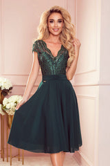Chiffon Dress with Lace Neckline and Back Cutout
