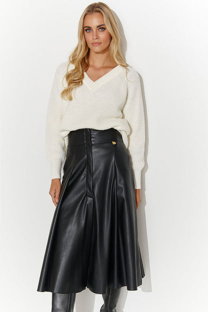 Faux Leather Knee Length Belted Skirt