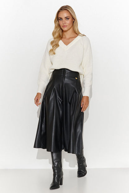 Faux Leather Knee Length Belted Skirt