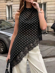 Polka Dot Lace Trim Asymmetrical Hem Sleeveless Blouse