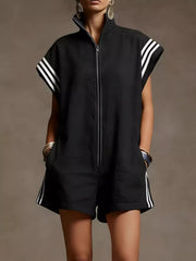 Striped Zip Front Short Sleeve Romper