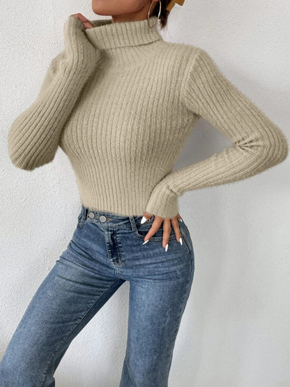 Cropped Ribbed Turtleneck Long Sleeve Sweater