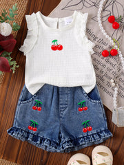 Children's Cherry Embroidered Top and Denim Shorts Set