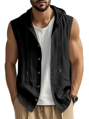 Men's Sleeveless Hooded Button-Down Top