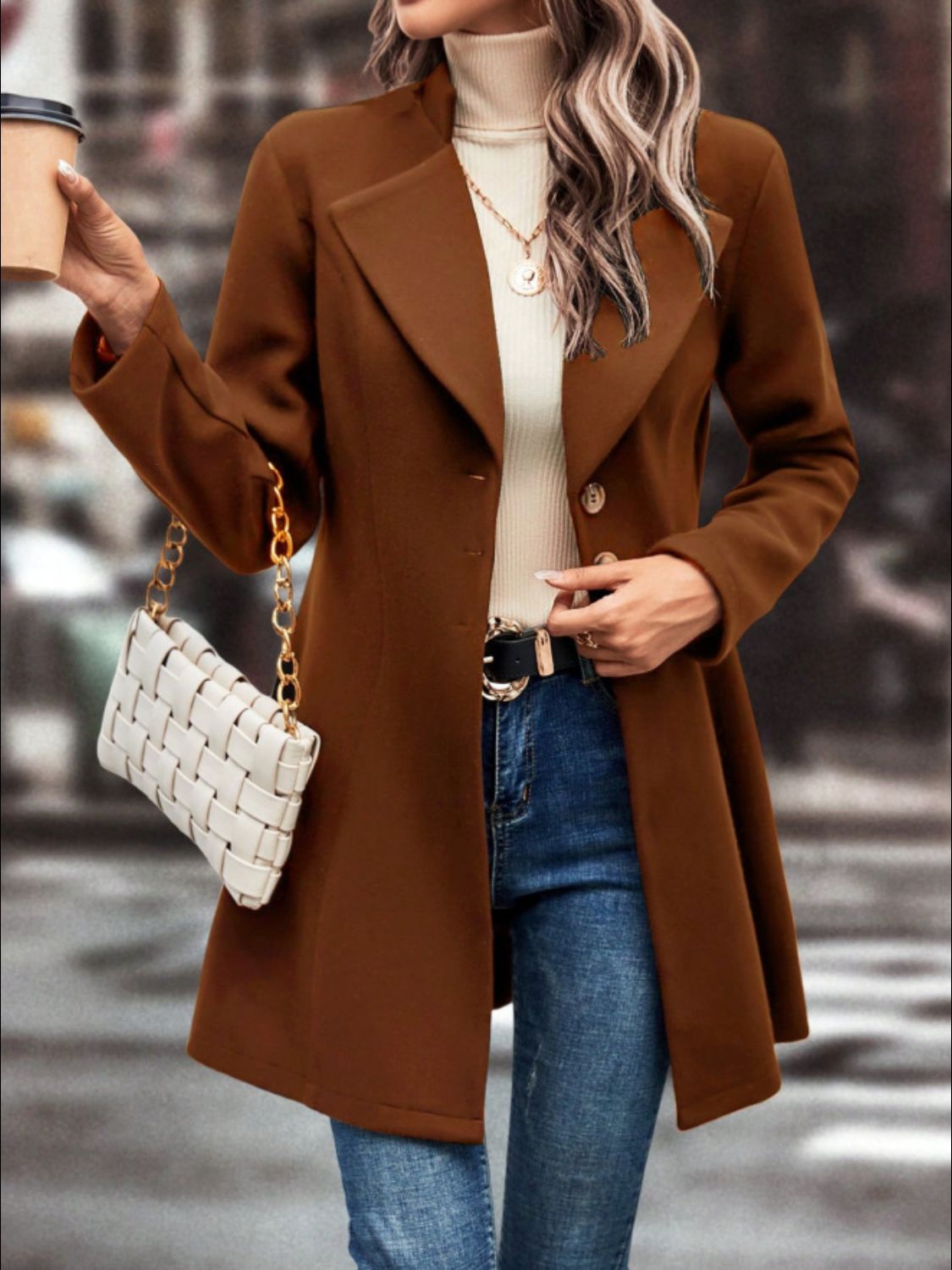 Women's Collared Neck Button Up Long Sleeve Coat