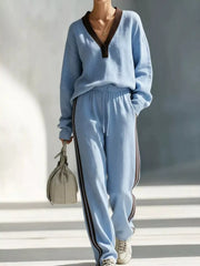 Contrast V-Neck Top and Striped Pants Set