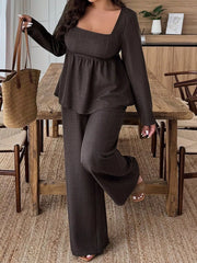 Square Neck Long Sleeve Top and Pants Two-Piece Set