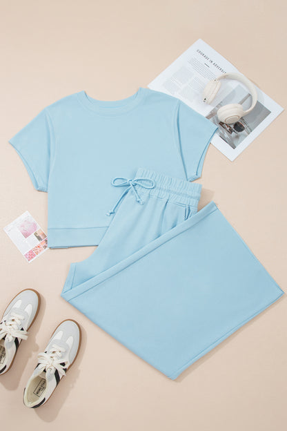 Ribbed Trim Top and Drawstring Loose Pants Set