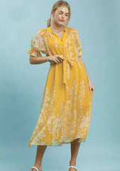 Umgee Floral Print Tie Waist Midi Dress with Side Pockets