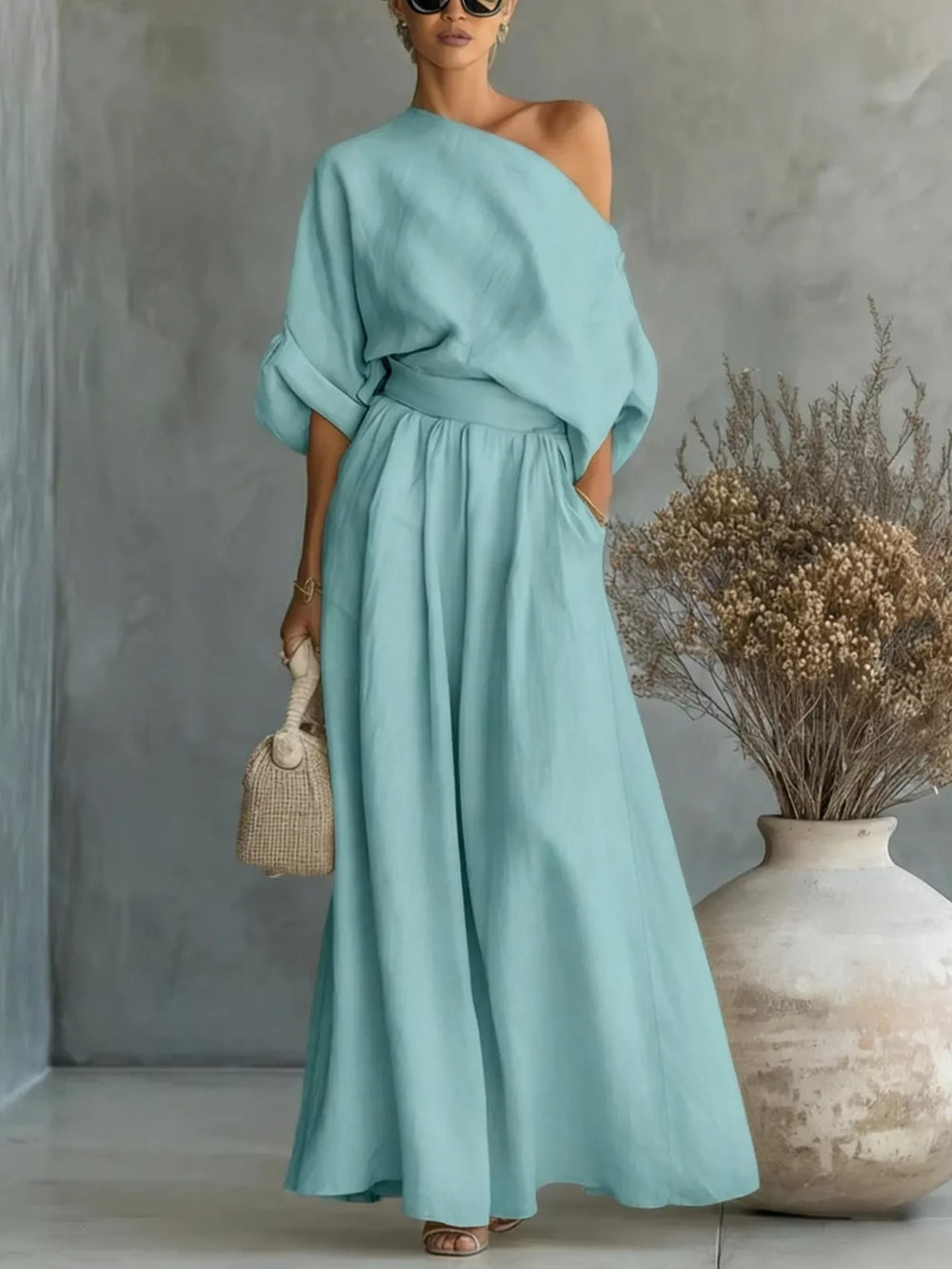 One Shoulder Top and Wide Leg Pants Set
