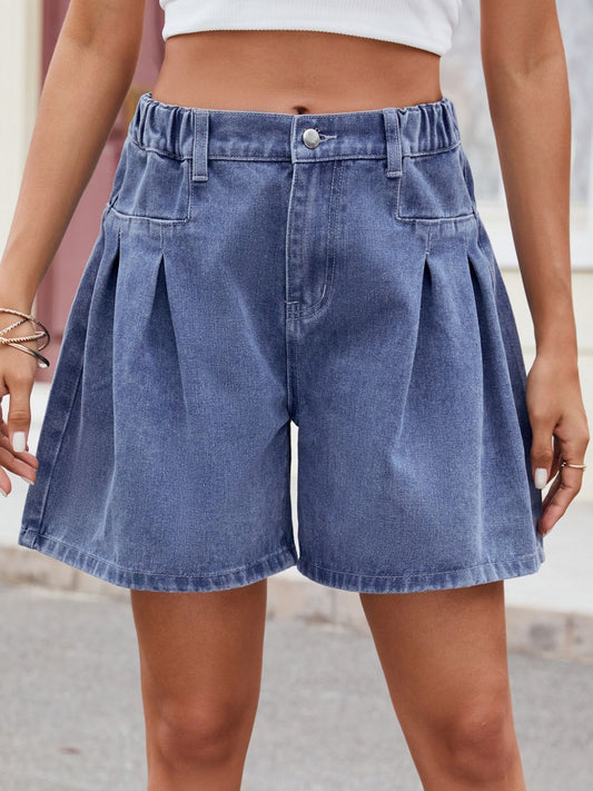 Ruched Half Elastic Waist Denim Shorts