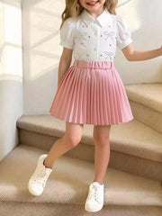 Children's Bow-Embellished Top & Pleated Skirt Set