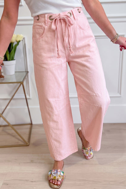 Grommet Detail Knot Waist Barrel Jeans