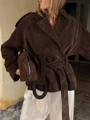 Lapel Collar Tie Waist Outerwear