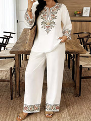 Embroidered Long Sleeve Top and Pants Set
