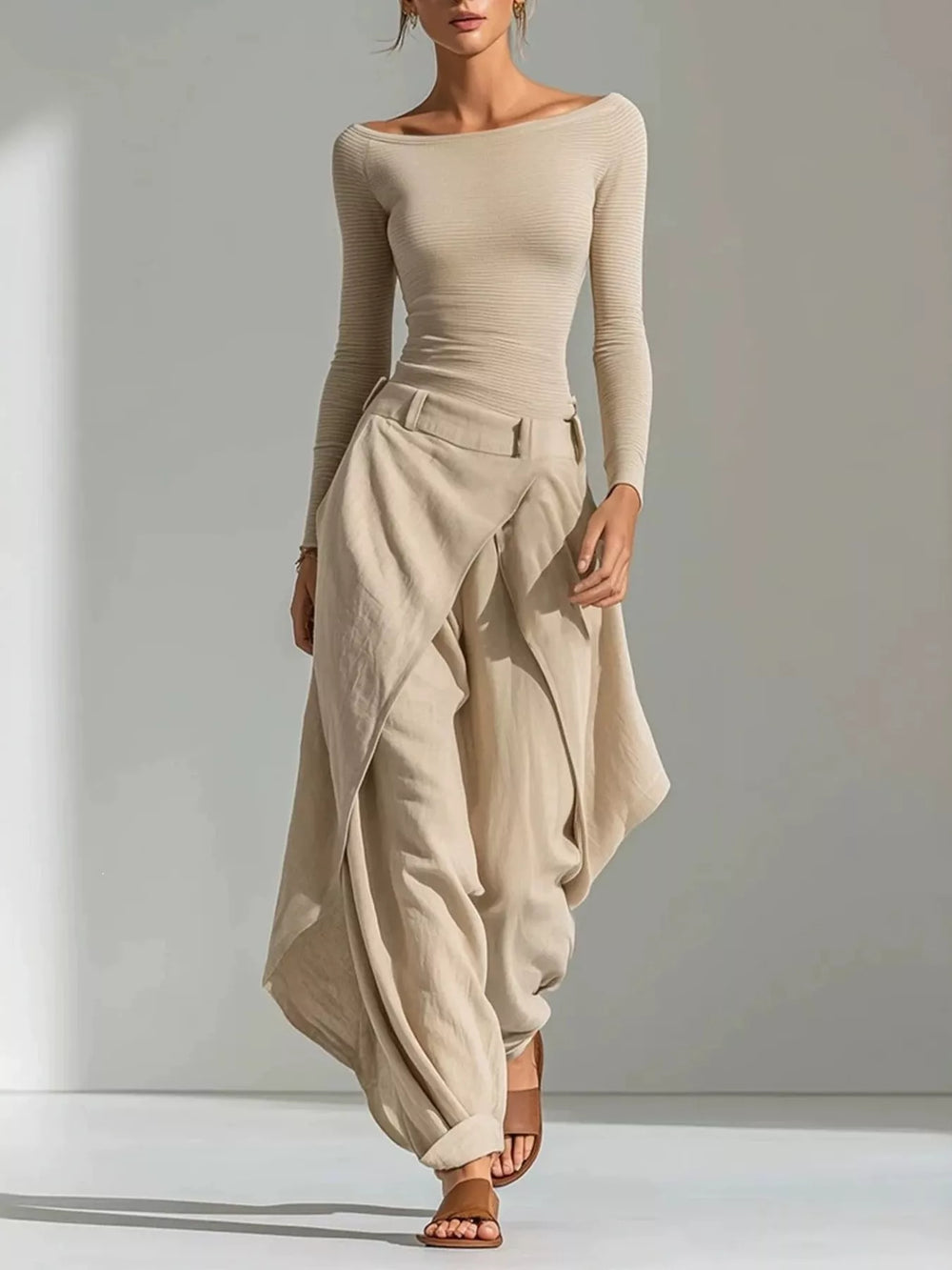 Boat Neck Long Sleeve Top and Asymmetrical Pants Set