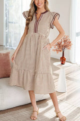 Stripe Slit V Neck Tiered Flutter Sleeve Dress