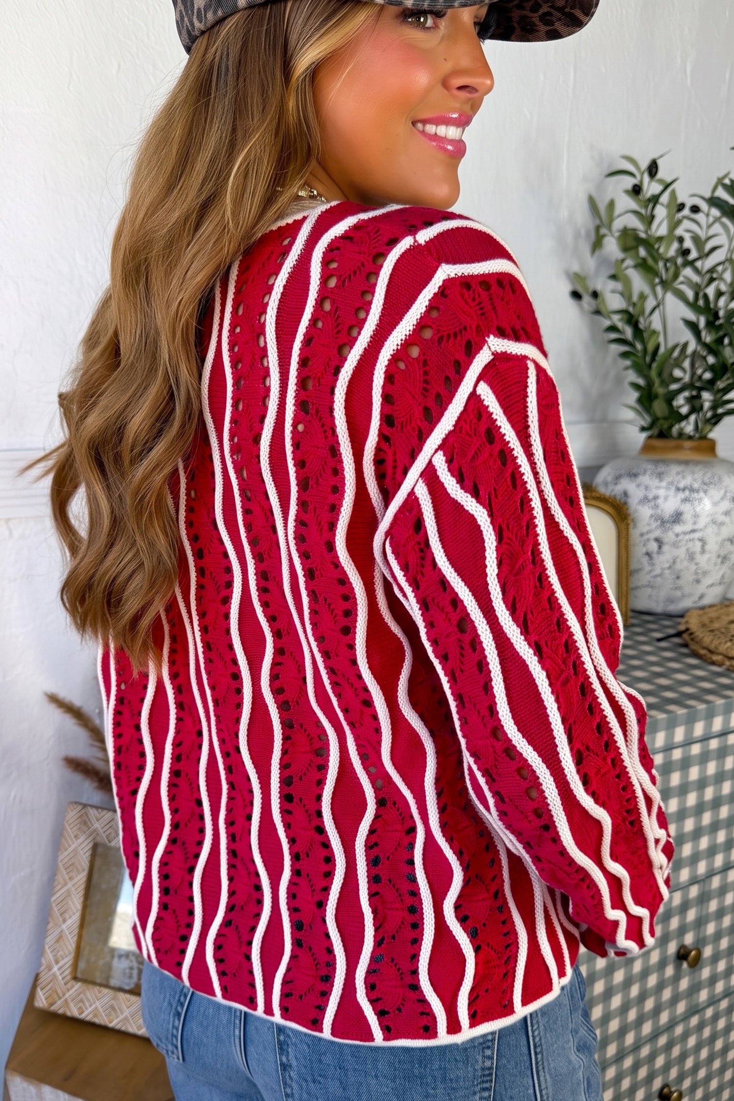 Pink Wavy Detail Hollow Out Knit Long Sleeve Cotton Pullover Sweater