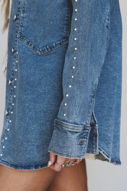 Rivet Embellished Long Sleeve Denim Shacket