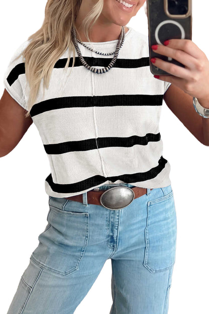 Rose Stripe Knit Western Short Sleeve Sweater