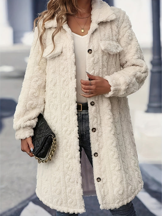 Women's Fuzzy Button Up Long Sleeve Longline Coat