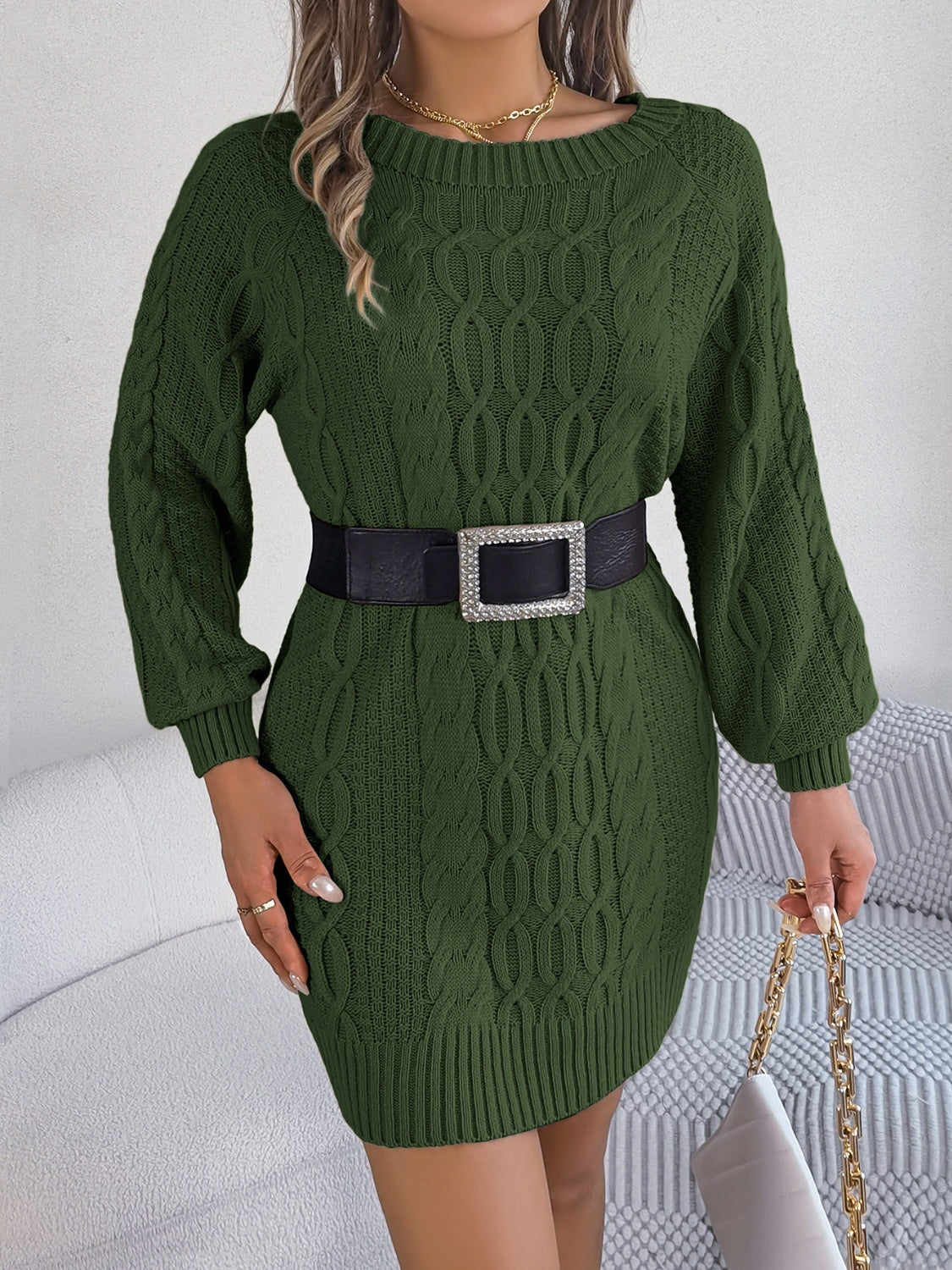 Cable-Knit Round Neck Sweater Dress