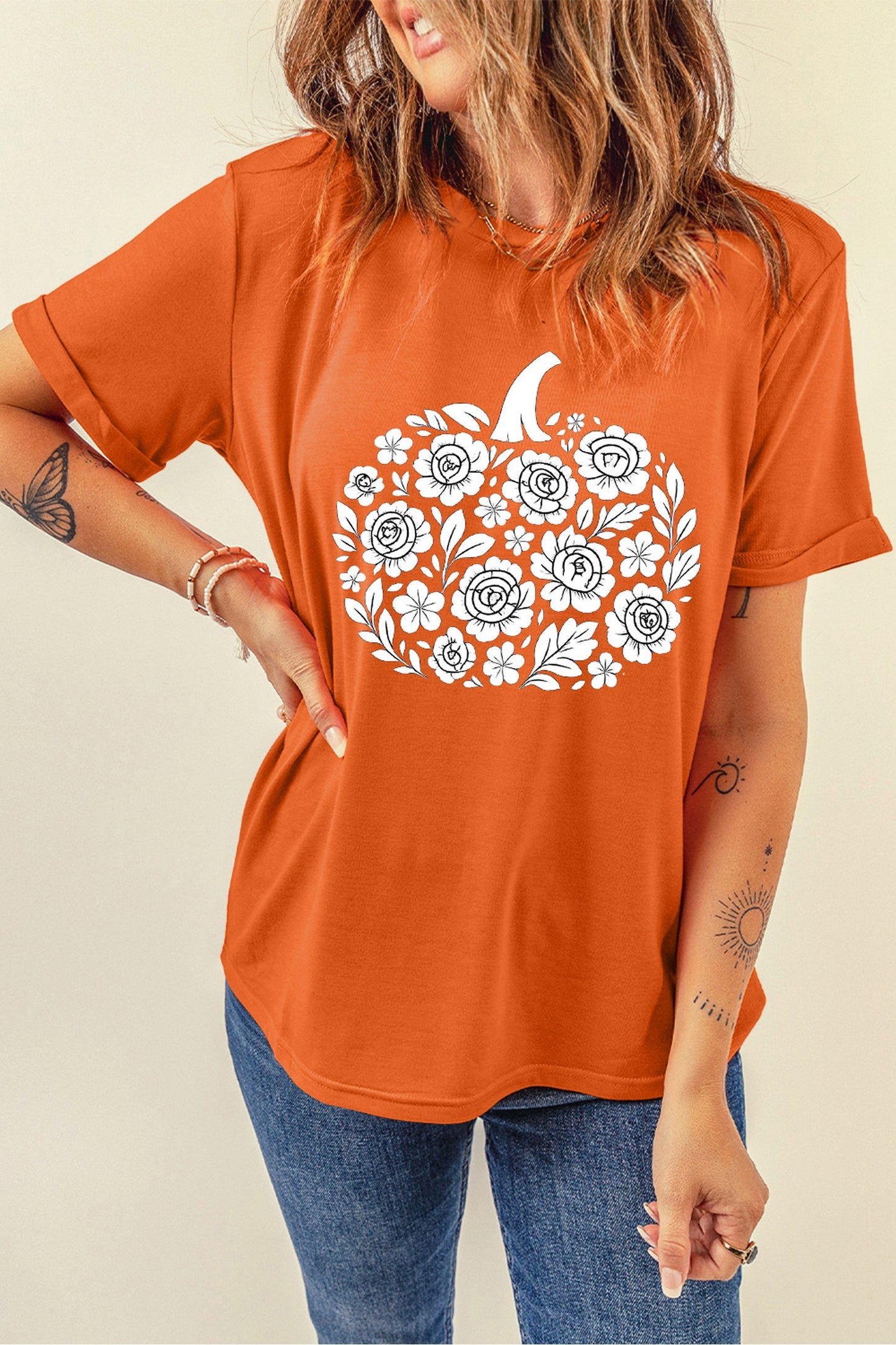 Pumpkin Graphic Cuffed Sleeve Casual T Shirt