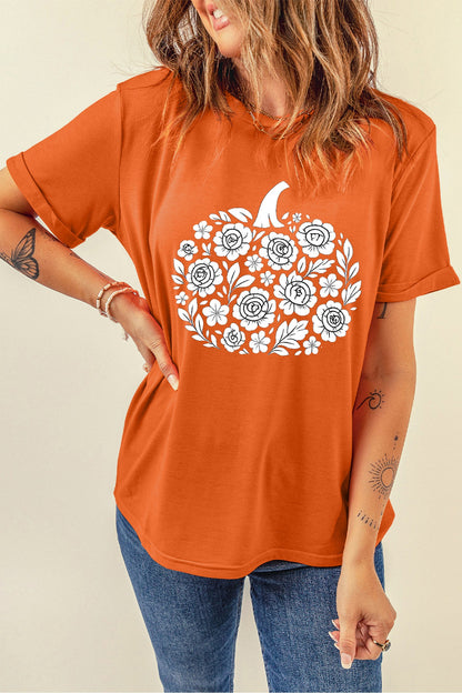 Pumpkin Graphic Cuffed Sleeve Casual T Shirt