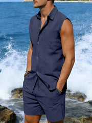 Men's Button Up Sleeveless Top and Shorts