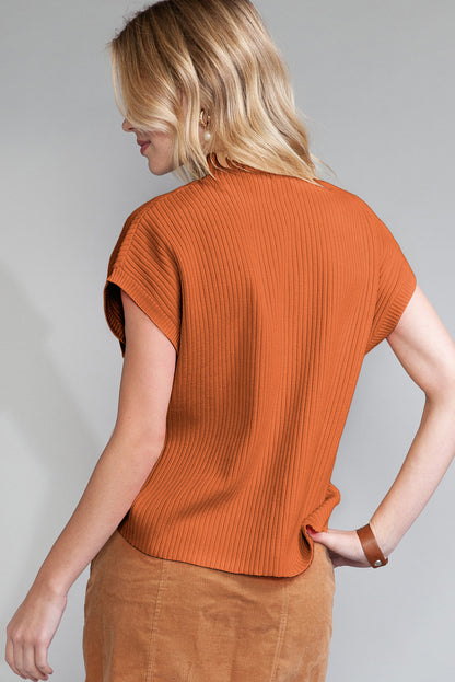 Patch Pocket Ribbed Knit Short Sleeve Sweater