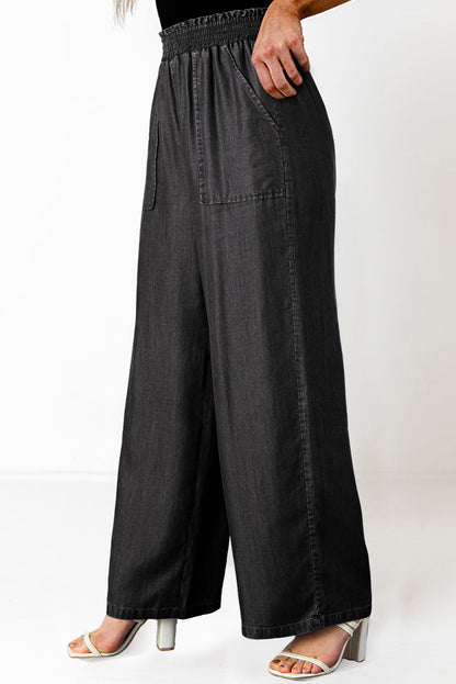 Frilled Smocked High Waist Wide Leg Jeans